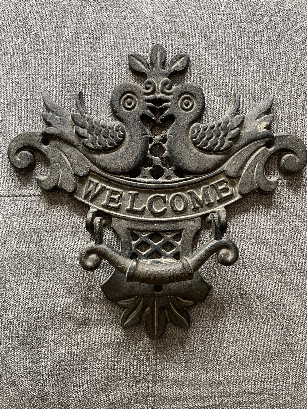 Black Iron Decorative 'Welcome' Door Knocker - Ornate Double Bird Design